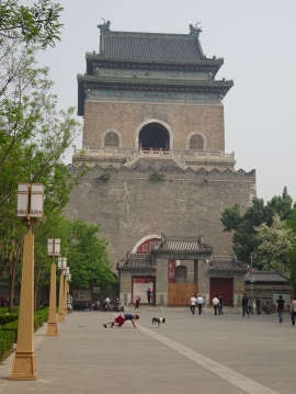 A man doing mountain climbers with his dog in front of the Bell Tower